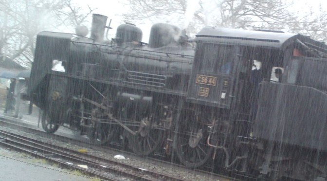Steam Locomotive at Ieyama Station, Oigawa Railway Line in a Driving Storm!