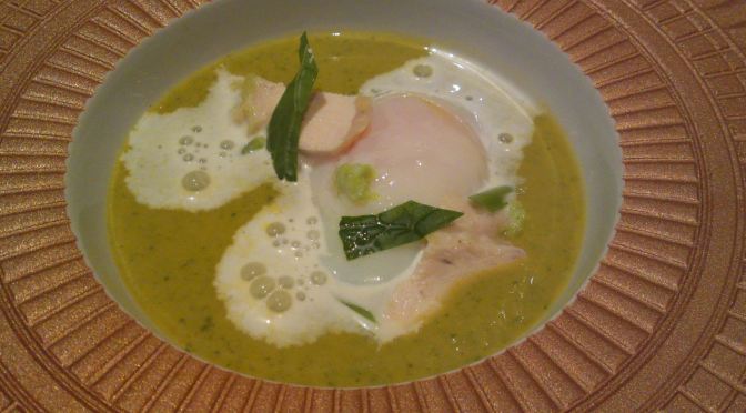 M2 Labo Shizuoka Products Recipe by Dominique Corby at Le Cordon Bleu 1: Light Vegetables and Soy Milk soup, Onsen Tamago, Wasabi Espuma, and Amagi Shamo Chicken!