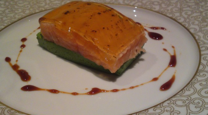 M2 Labo Shizuoka Products Recipe by Dominique Corby at Le Cordon Bleu 2: Low Temperature Baked Amago Trout, Cream of Shizuoka Vegetables and Thick Soy Sauce Jelly